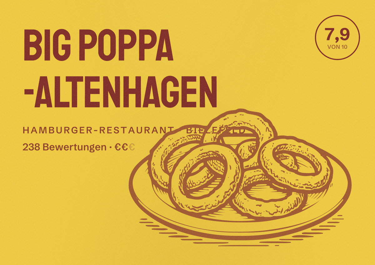 Illustriertes Poster von Big Poppa -Altenhagen, Hamburger-Restaurant in Bielefeld: Bewertung 7,9 von 10 aus 238 Bewertungen, Preisniveau €€