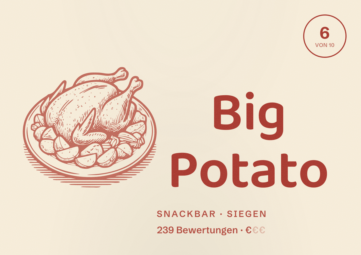 Illustriertes Poster von Big Potato, Snackbar in Siegen: Bewertung 6 von 10 aus 239 Bewertungen, Preisniveau €