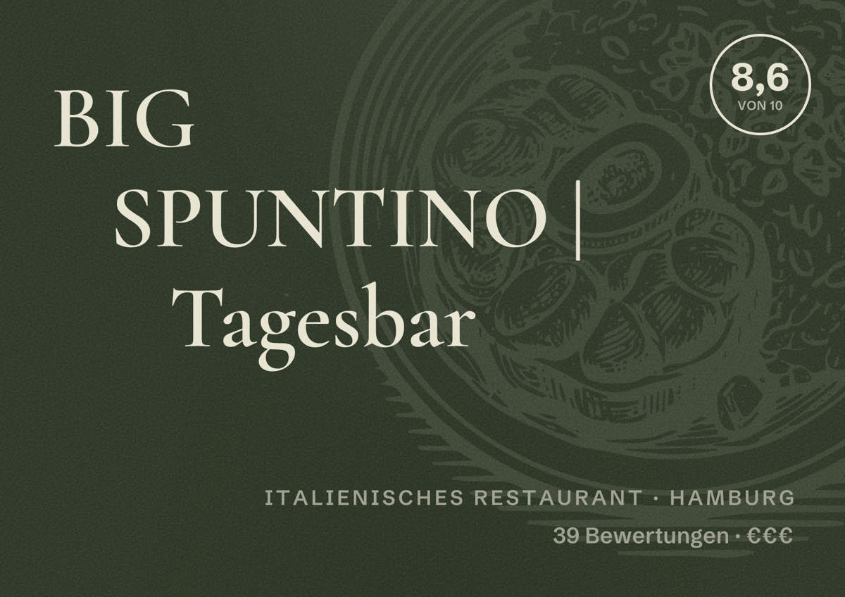 Illustriertes Poster von BIG SPUNTINO | Tagesbar, Italienisches Restaurant in Hamburg: Bewertung 8,6 von 10 aus 39 Bewertungen, Preisniveau €€€
