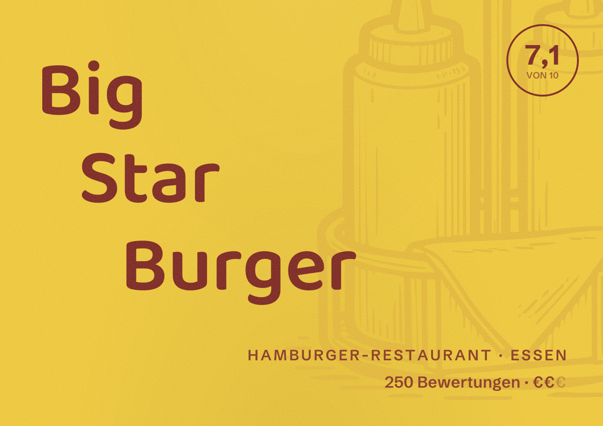 Illustriertes Poster von Big Star Burger, Hamburger-Restaurant in Essen: Bewertung 7,1 von 10 aus 250 Bewertungen, Preisniveau €€