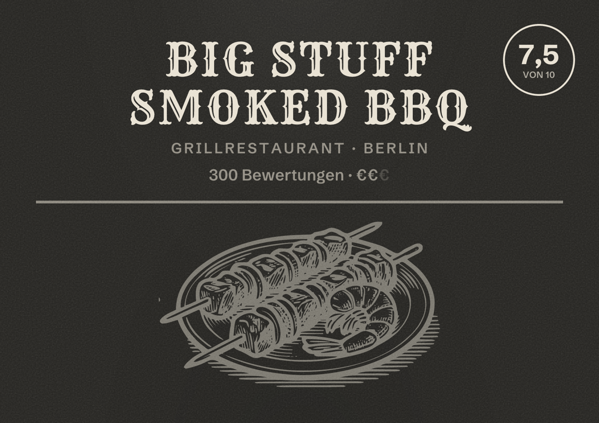 Illustriertes Poster von Big Stuff Smoked BBQ, Grillrestaurant in Berlin: Bewertung 7,5 von 10 aus 300 Bewertungen, Preisniveau €€