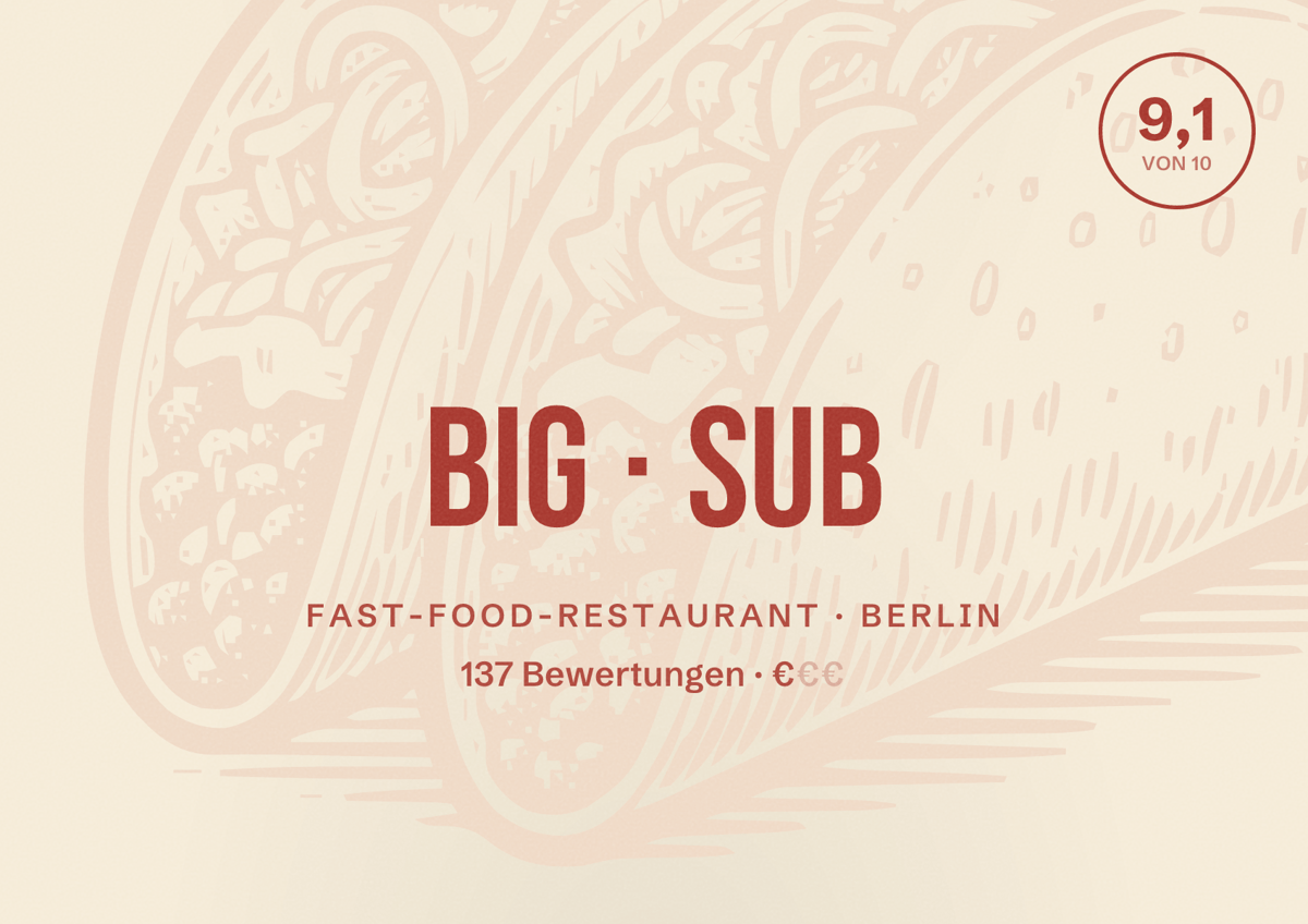 Illustriertes Poster von BIG SUB, Fast-Food-Restaurant in Berlin: Bewertung 9,1 von 10 aus 137 Bewertungen, Preisniveau €