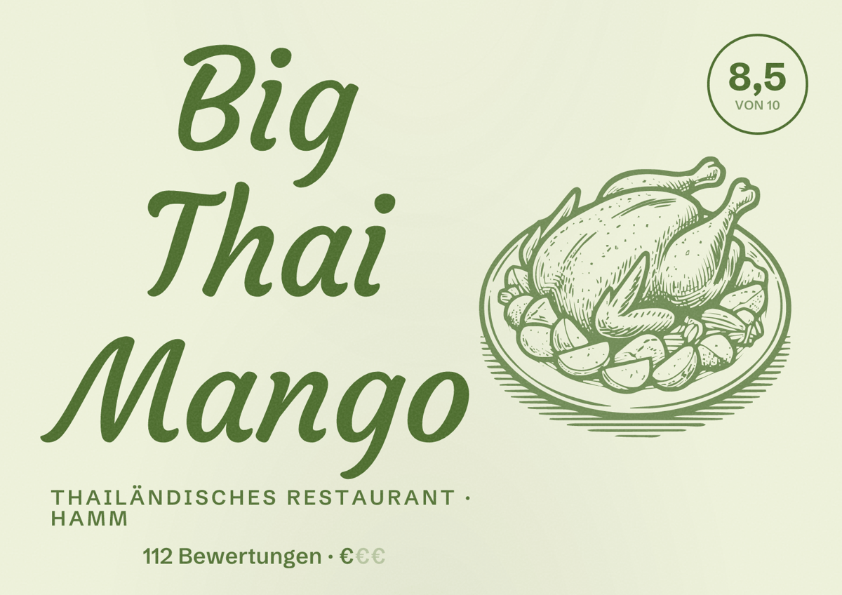 Illustriertes Poster von Big Thai Mango, Thailändisches Restaurant in Hamm: Bewertung 8,5 von 10 aus 112 Bewertungen, Preisniveau €