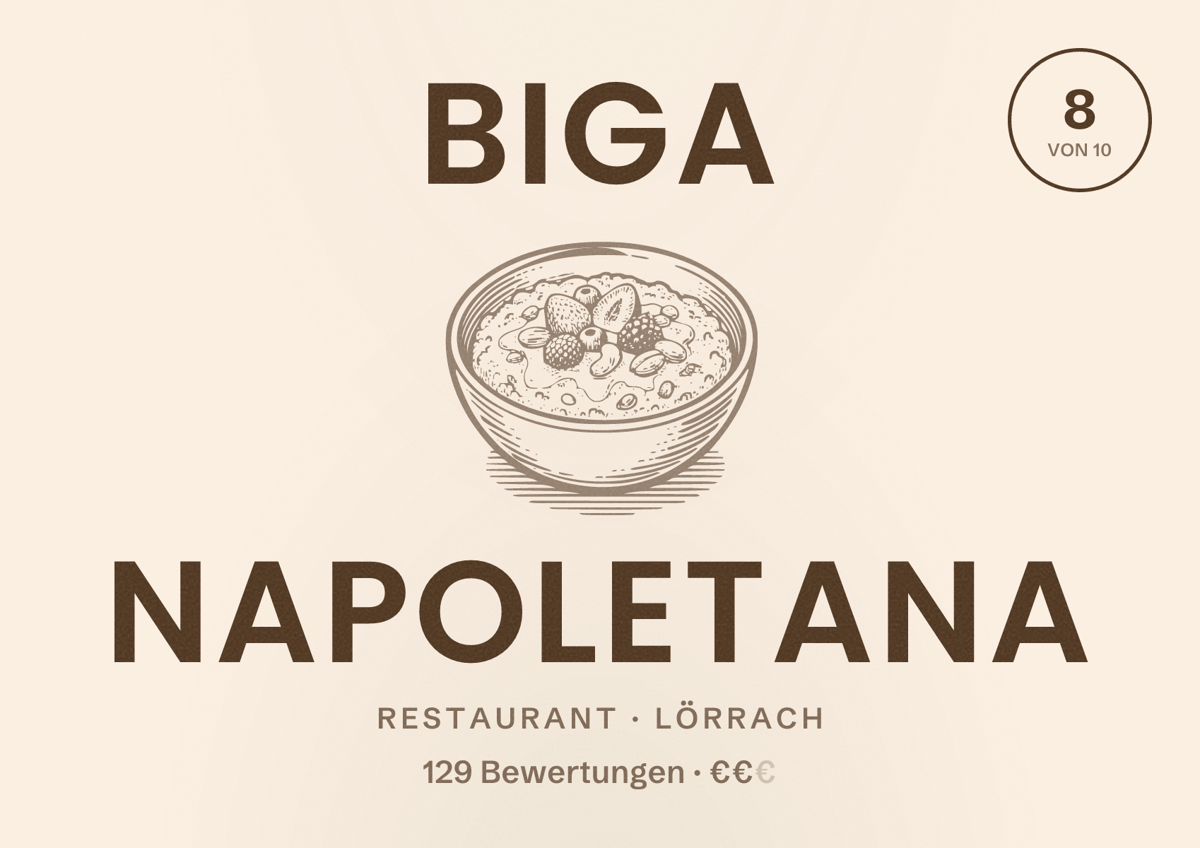 Illustriertes Poster von Biga Napoletana, Restaurant in Lörrach: Bewertung 8 von 10 aus 129 Bewertungen, Preisniveau €€