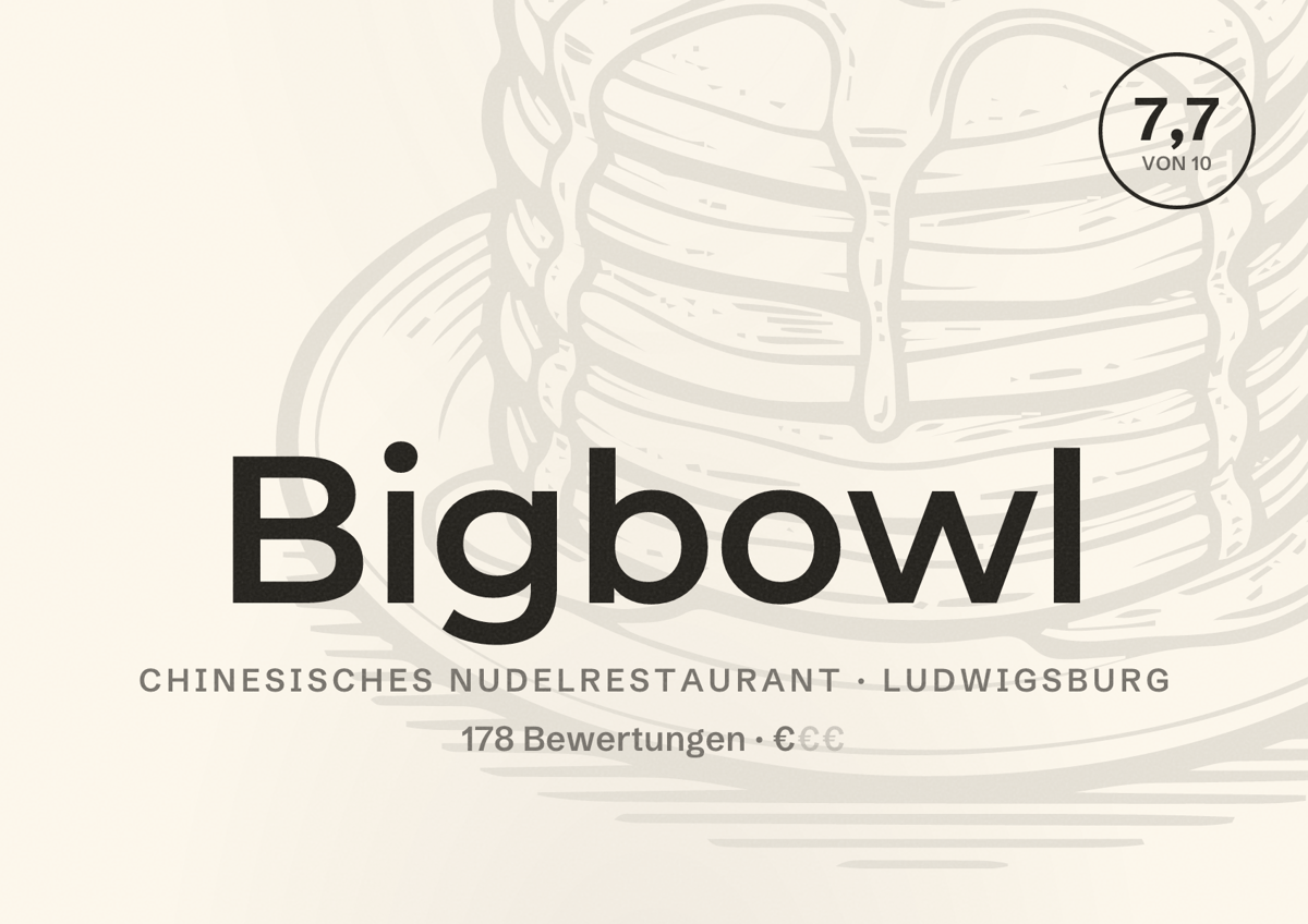Illustriertes Poster von Bigbowl, Chinesisches Nudelrestaurant in Ludwigsburg: Bewertung 7,7 von 10 aus 178 Bewertungen, Preisniveau €