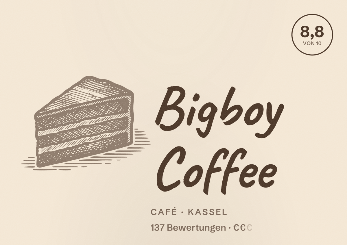 Illustriertes Poster von Bigboy Coffee, Café in Kassel: Bewertung 8,8 von 10 aus 137 Bewertungen, Preisniveau €€