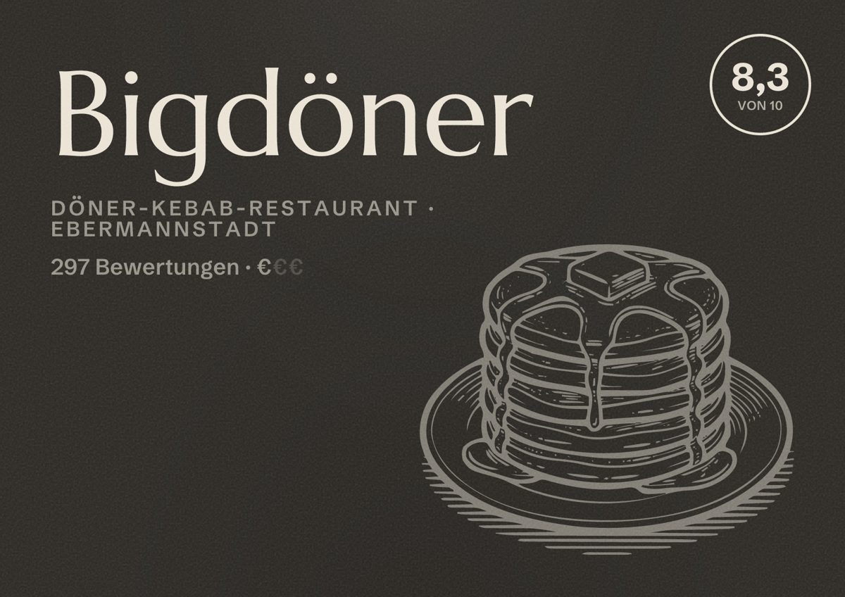 Illustriertes Poster von Bigdöner, Döner-Kebab-Restaurant in Ebermannstadt: Bewertung 8,3 von 10 aus 297 Bewertungen, Preisniveau €