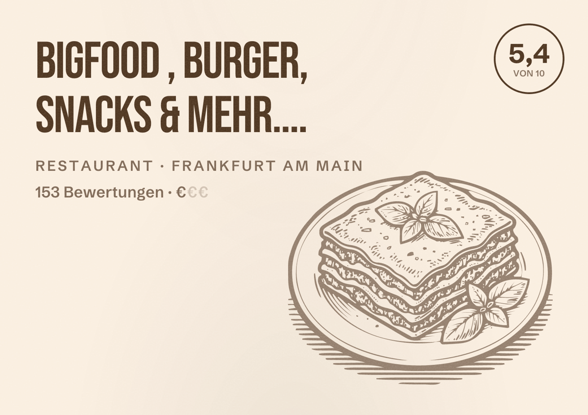 Illustriertes Poster von Bigfood , Burger, Snacks & mehr...., Restaurant in Frankfurt am Main: Bewertung 5,4 von 10 aus 153 Bewertungen, Preisniveau €