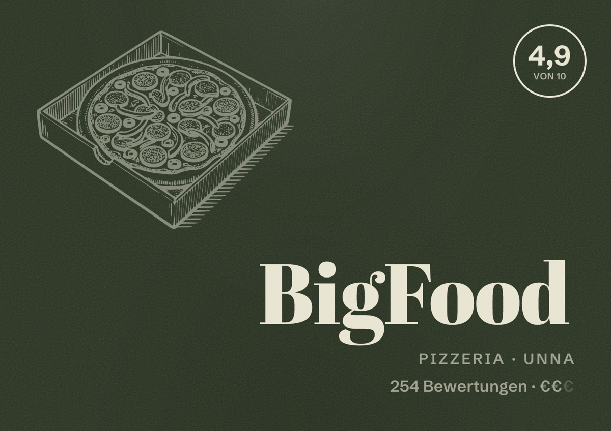 Illustriertes Poster von BigFood, Pizzeria in Unna: Bewertung 4,9 von 10 aus 254 Bewertungen, Preisniveau €€