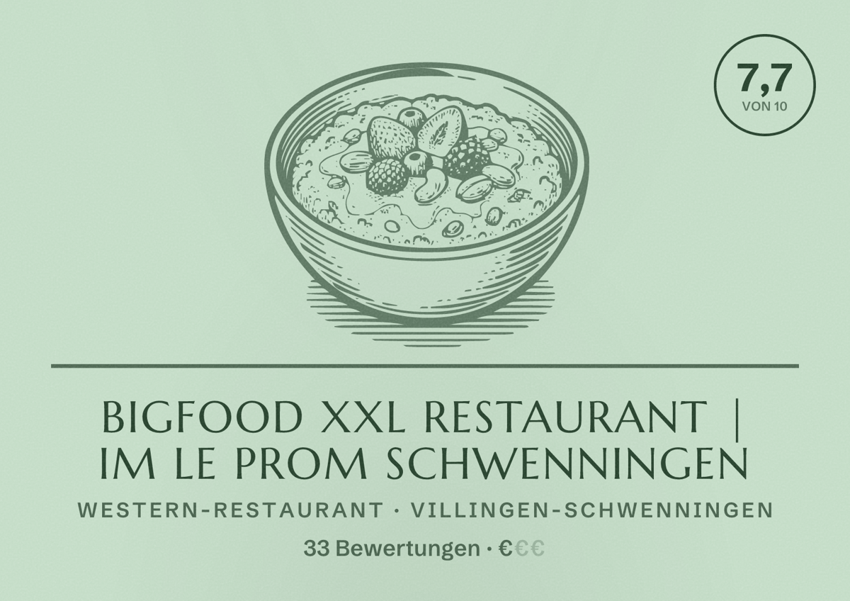 Illustriertes Poster von BIGFOOD XXL Restaurant | Im Le Prom Schwenningen, Western-Restaurant in Villingen-Schwenningen: Bewertung 7,7 von 10 aus 33 Bewertungen, Preisniveau €