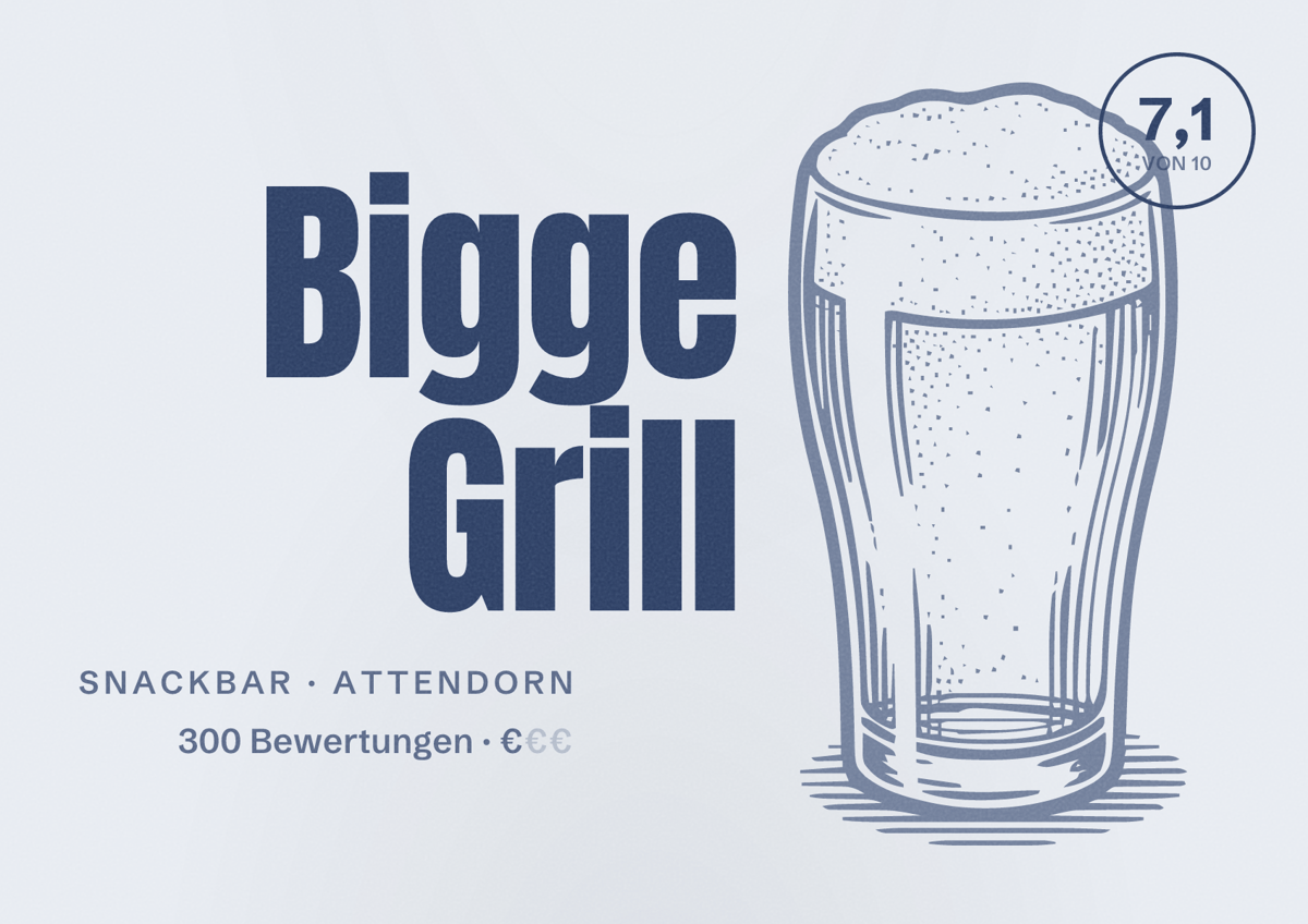 Illustriertes Poster von Bigge Grill, Snackbar in Attendorn: Bewertung 7,1 von 10 aus 300 Bewertungen, Preisniveau €
