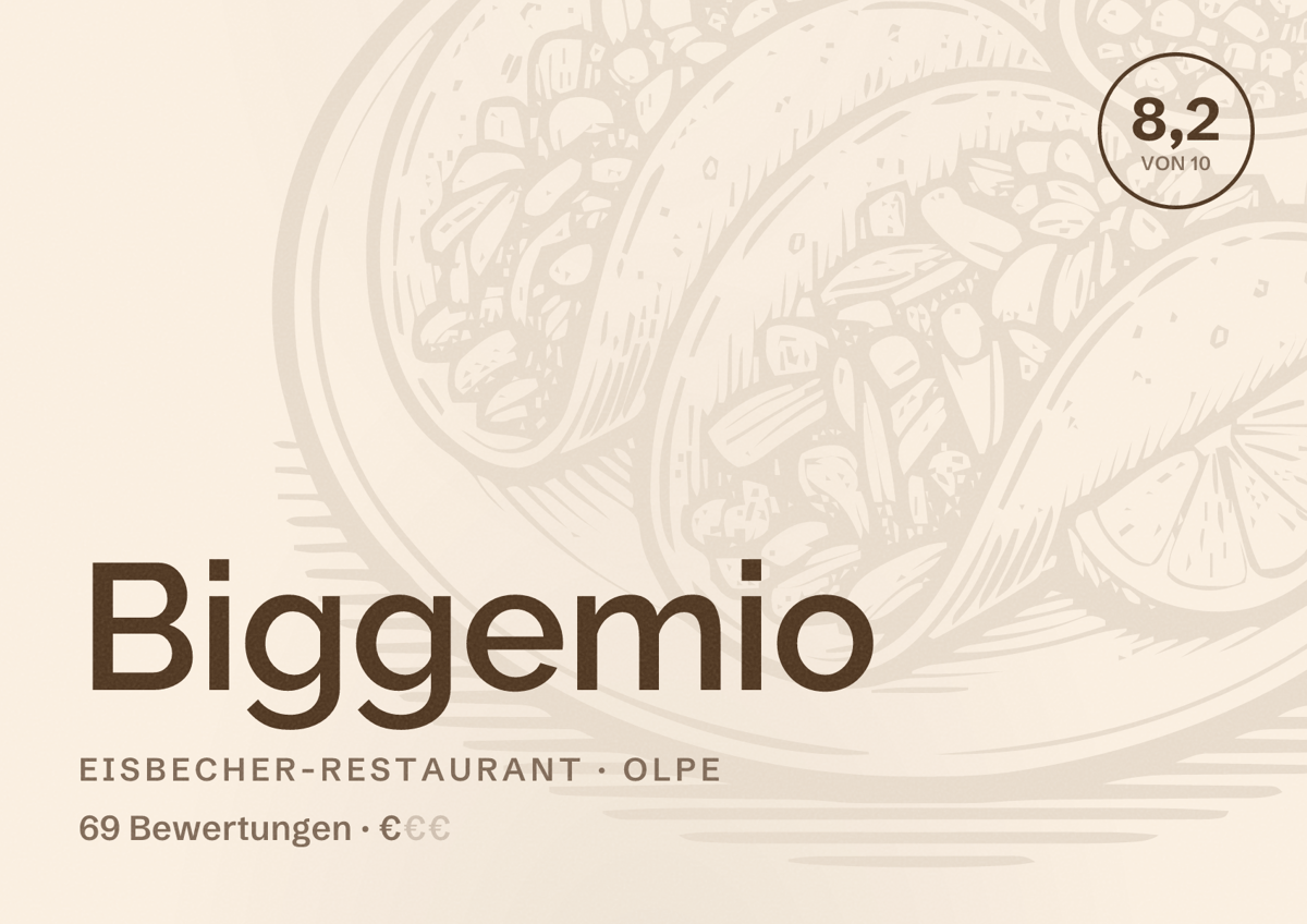 Illustriertes Poster von Biggemio, Eisbecher-Restaurant in Olpe: Bewertung 8,2 von 10 aus 69 Bewertungen, Preisniveau €