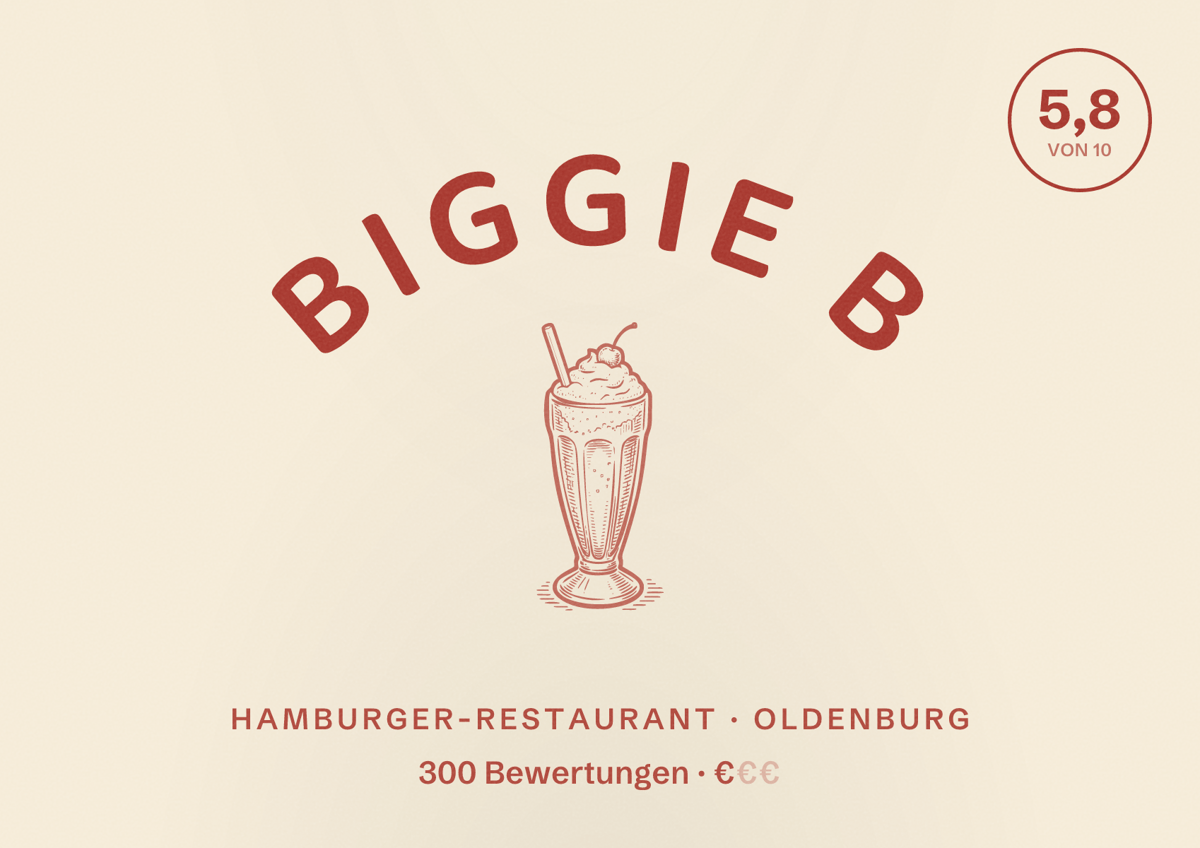Illustriertes Poster von Biggie B, Hamburger-Restaurant in Oldenburg: Bewertung 5,8 von 10 aus 300 Bewertungen, Preisniveau €