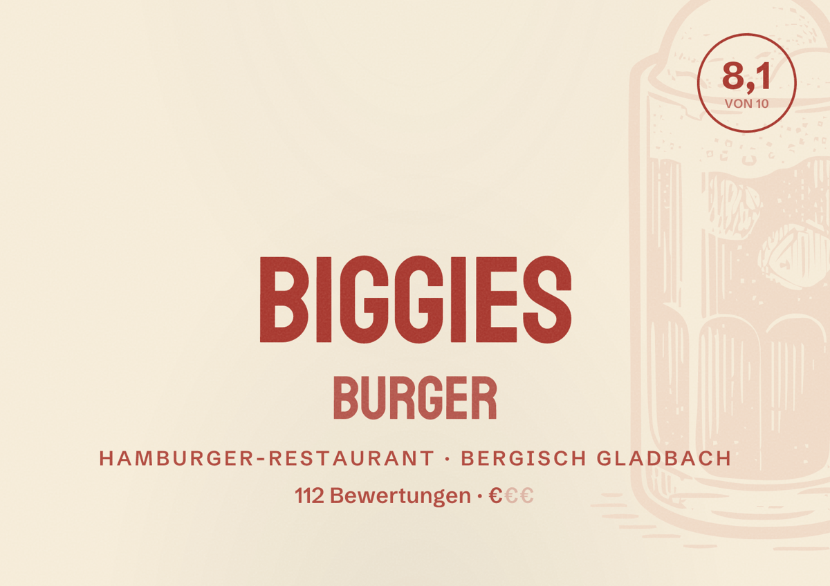 Illustriertes Poster von Biggies Burger, Hamburger-Restaurant in Bergisch Gladbach: Bewertung 8,1 von 10 aus 112 Bewertungen, Preisniveau €