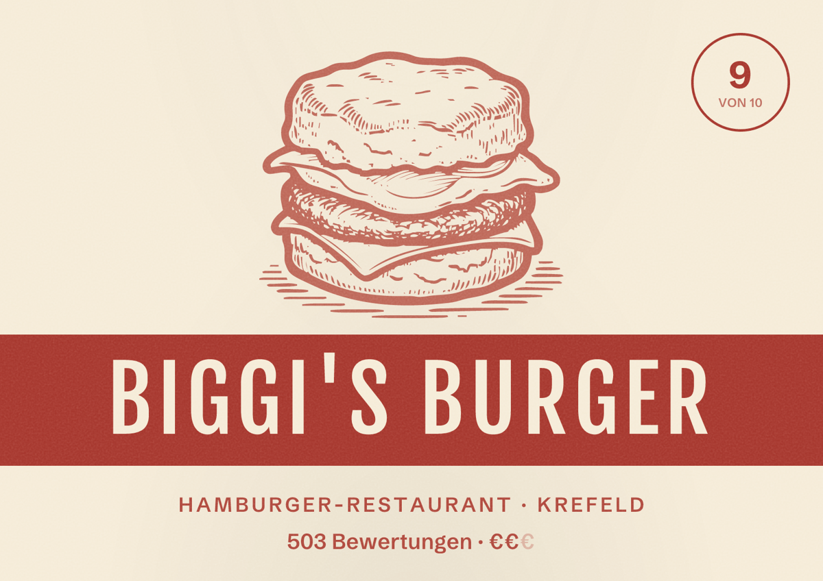 Illustriertes Poster von Biggi's Burger, Hamburger-Restaurant in Krefeld: Bewertung 9 von 10 aus 503 Bewertungen, Preisniveau €€