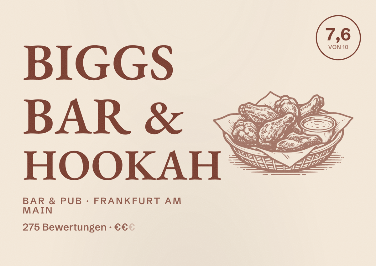 Illustriertes Poster von BIGGS bar & hookah, Bar & Pub in Frankfurt am Main: Bewertung 7,6 von 10 aus 275 Bewertungen, Preisniveau €€