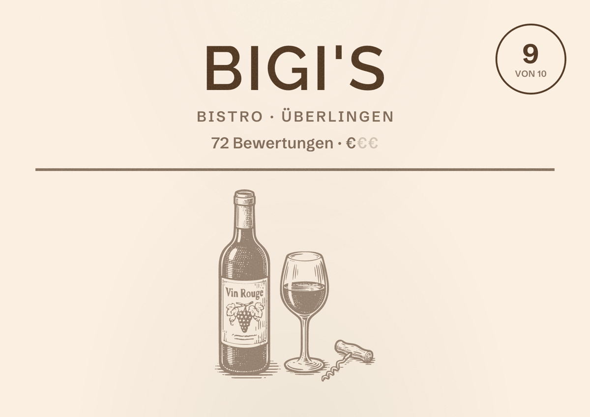 Illustriertes Poster von BiGi's, Bistro in Überlingen: Bewertung 9 von 10 aus 72 Bewertungen, Preisniveau €