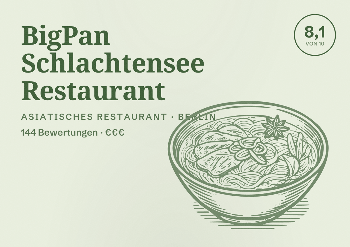 Illustriertes Poster von BigPan Schlachtensee Restaurant, Asiatisches Restaurant in Berlin: Bewertung 8,1 von 10 aus 144 Bewertungen, Preisniveau €€€