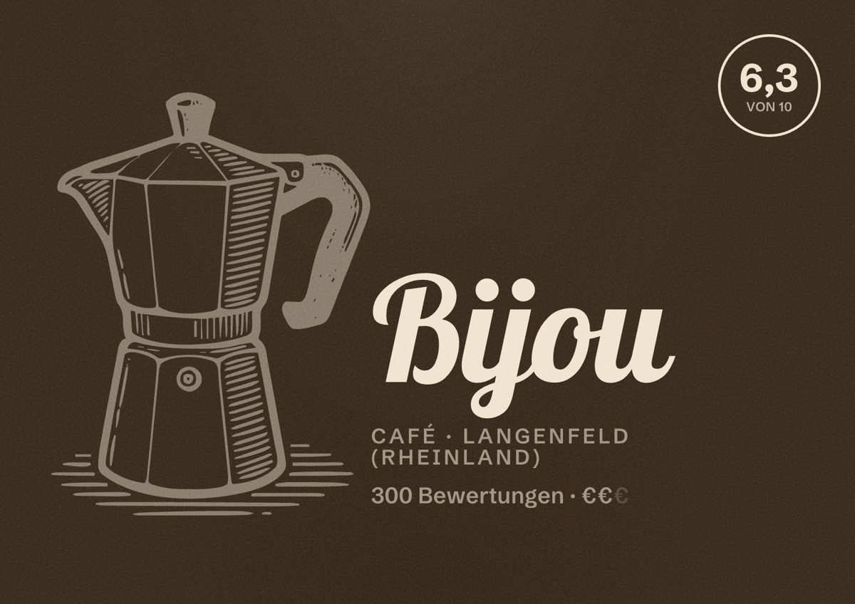Illustriertes Poster von Bijou, Café in Langenfeld (Rheinland): Bewertung 6,3 von 10 aus 300 Bewertungen, Preisniveau €€