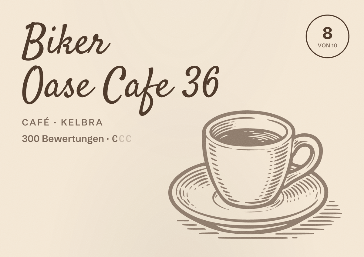 Illustriertes Poster von Biker Oase Cafe 36, Café in Kelbra: Bewertung 8 von 10 aus 300 Bewertungen, Preisniveau €