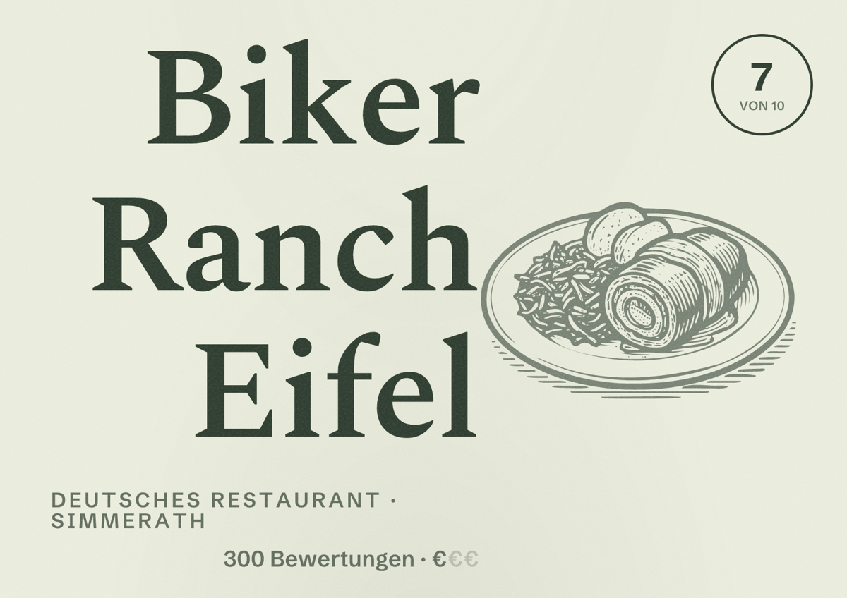 Illustriertes Poster von Biker Ranch Eifel, Deutsches Restaurant in Simmerath: Bewertung 7 von 10 aus 300 Bewertungen, Preisniveau €