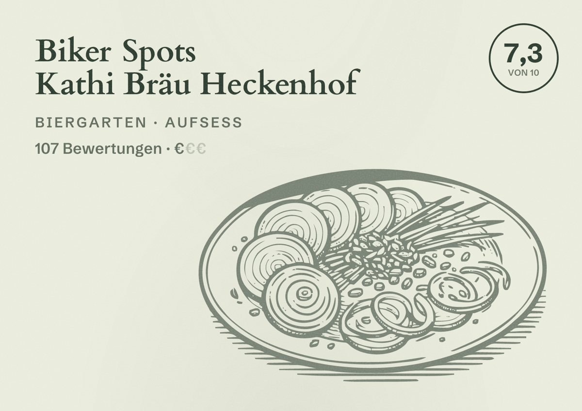 Illustriertes Poster von Biker Spots Kathi Bräu Heckenhof, Biergarten in Aufseß: Bewertung 7,3 von 10 aus 107 Bewertungen, Preisniveau €