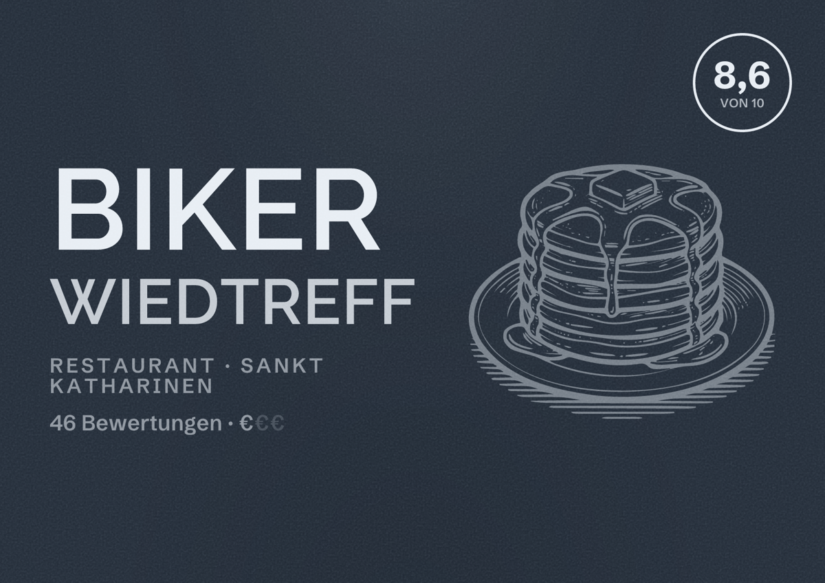 Illustriertes Poster von Biker Wiedtreff, Restaurant in Sankt Katharinen: Bewertung 8,6 von 10 aus 46 Bewertungen, Preisniveau €