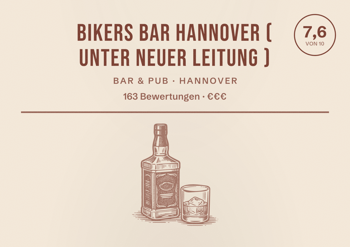 Illustriertes Poster von Bikers Bar Hannover ( Unter neuer Leitung ), Bar & Pub in Hannover: Bewertung 7,6 von 10 aus 163 Bewertungen, Preisniveau €€€