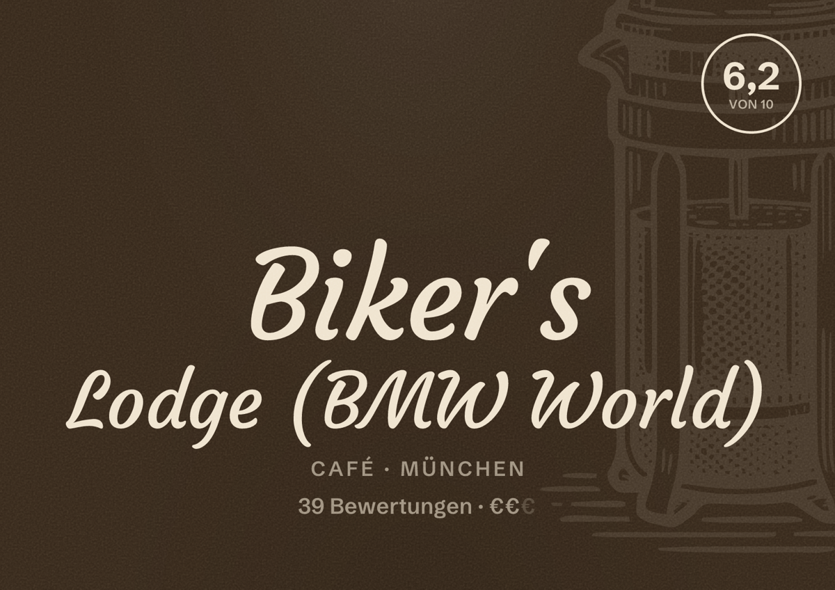 Illustriertes Poster von Biker's Lodge (BMW World), Café in München: Bewertung 6,2 von 10 aus 39 Bewertungen, Preisniveau €€