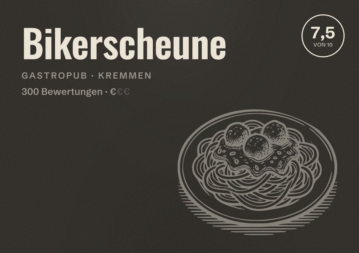 Illustriertes Poster von Bikerscheune, Gastropub in Kremmen: Bewertung 7,5 von 10 aus 300 Bewertungen, Preisniveau €