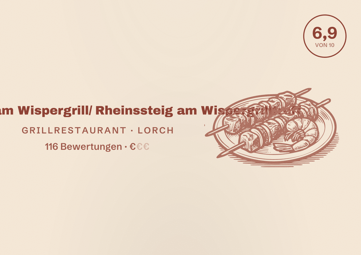 Illustriertes Poster von Bikertreff am Wispergrill/ Rheinssteig am Wispergrilltreff, Grillrestaurant in Lorch: Bewertung 6,9 von 10 aus 116 Bewertungen, Preisniveau €