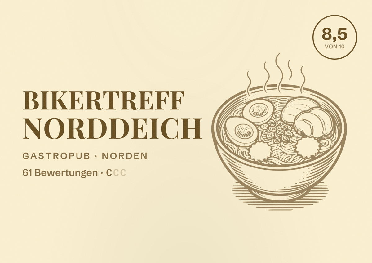 Illustriertes Poster von Bikertreff Norddeich, Gastropub in Norden: Bewertung 8,5 von 10 aus 61 Bewertungen, Preisniveau €