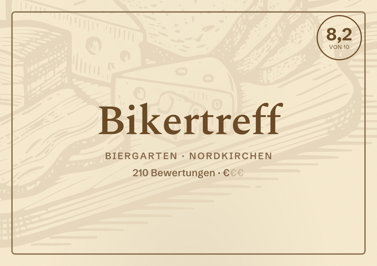 Illustriertes Poster von Bikertreff, Biergarten in Nordkirchen: Gästebewertung 8,2 von 10 aus 210 Bewertungen