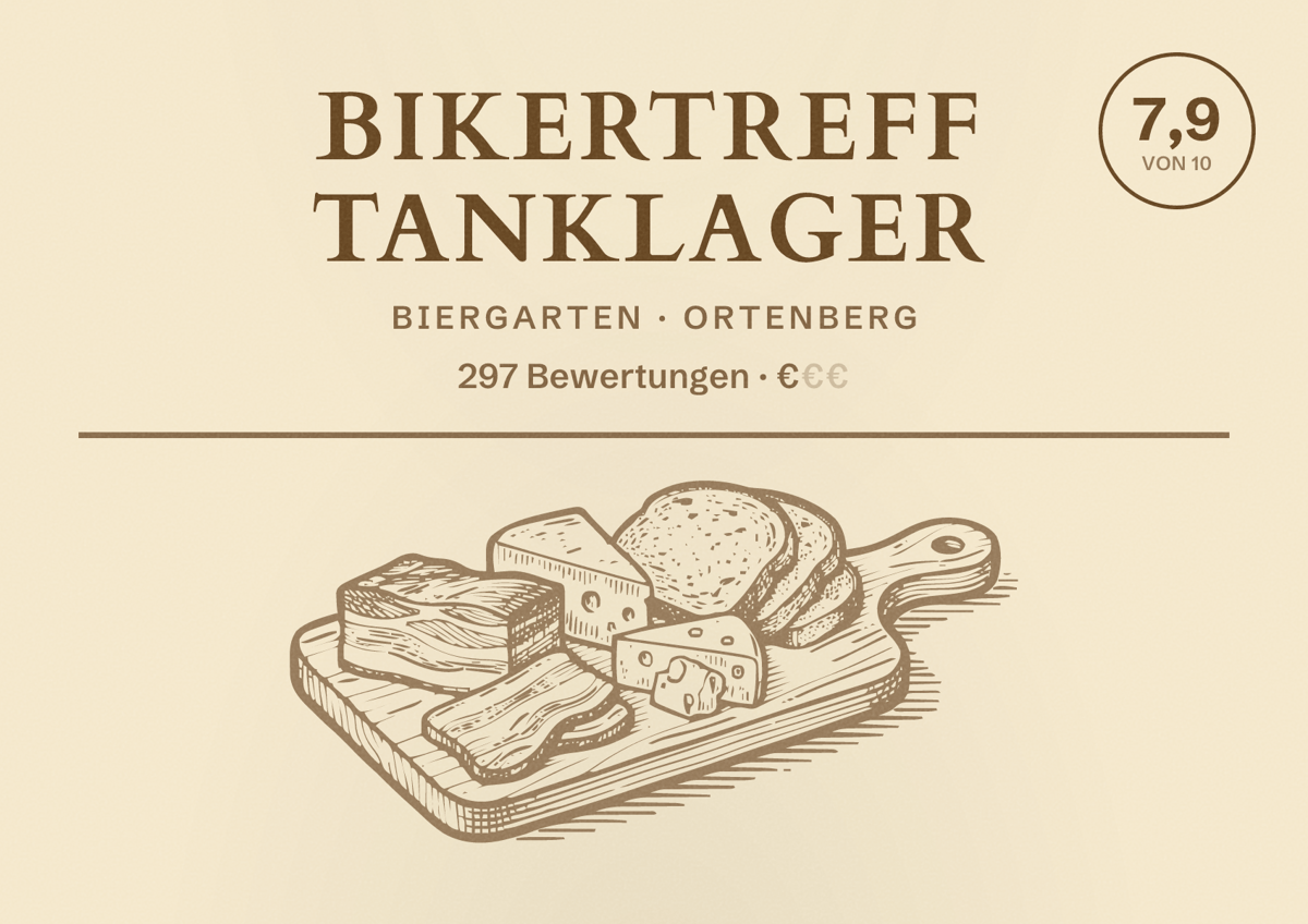 Illustriertes Poster von Bikertreff Tanklager, Biergarten in Ortenberg: Bewertung 7,9 von 10 aus 297 Bewertungen, Preisniveau €