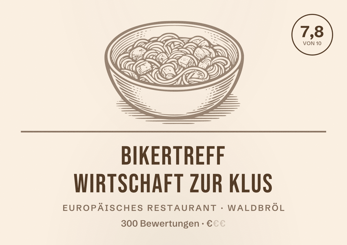 Illustriertes Poster von Bikertreff Wirtschaft Zur Klus, Europäisches Restaurant in Waldbröl: Bewertung 7,8 von 10 aus 300 Bewertungen, Preisniveau €