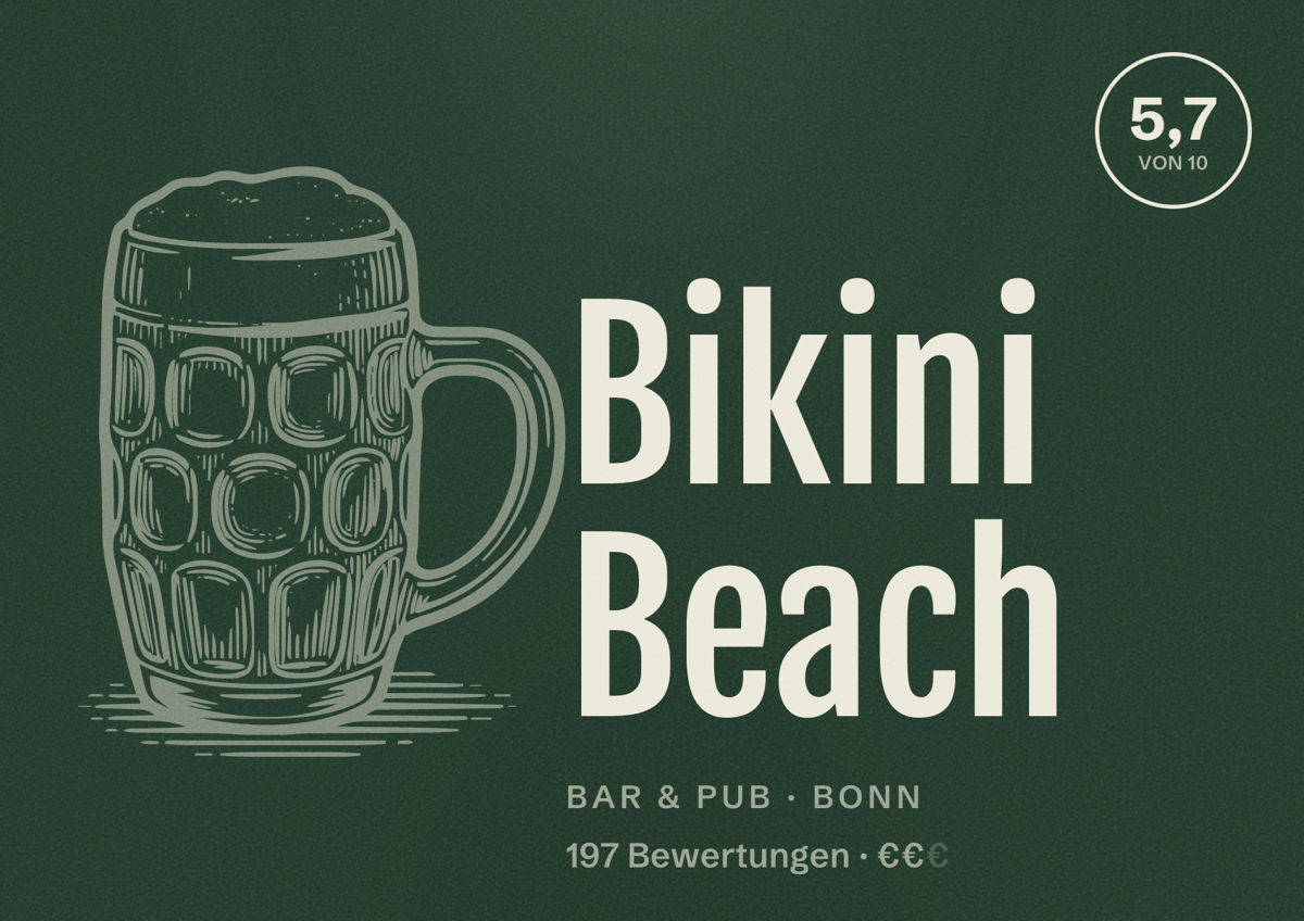 Illustriertes Poster von Bikini Beach, Bar & Pub in Bonn: Bewertung 5,7 von 10 aus 197 Bewertungen, Preisniveau €€