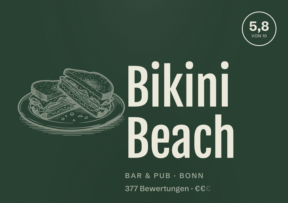 Illustriertes Poster von Bikini Beach, Bar & Pub in Bonn: Bewertung 5,8 von 10 aus 377 Bewertungen, Preisniveau €€