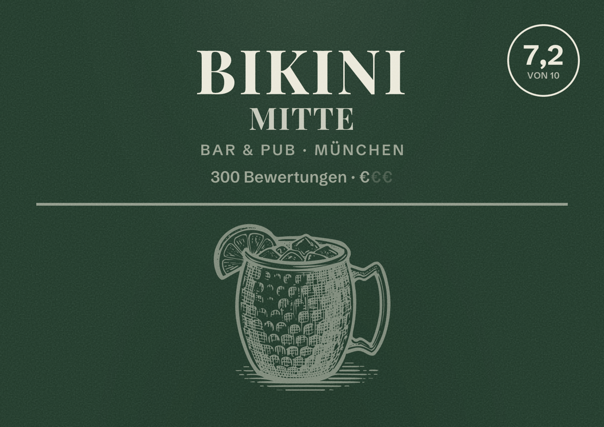 Illustriertes Poster von Bikini Mitte, Bar & Pub in München: Bewertung 7,2 von 10 aus 300 Bewertungen, Preisniveau €
