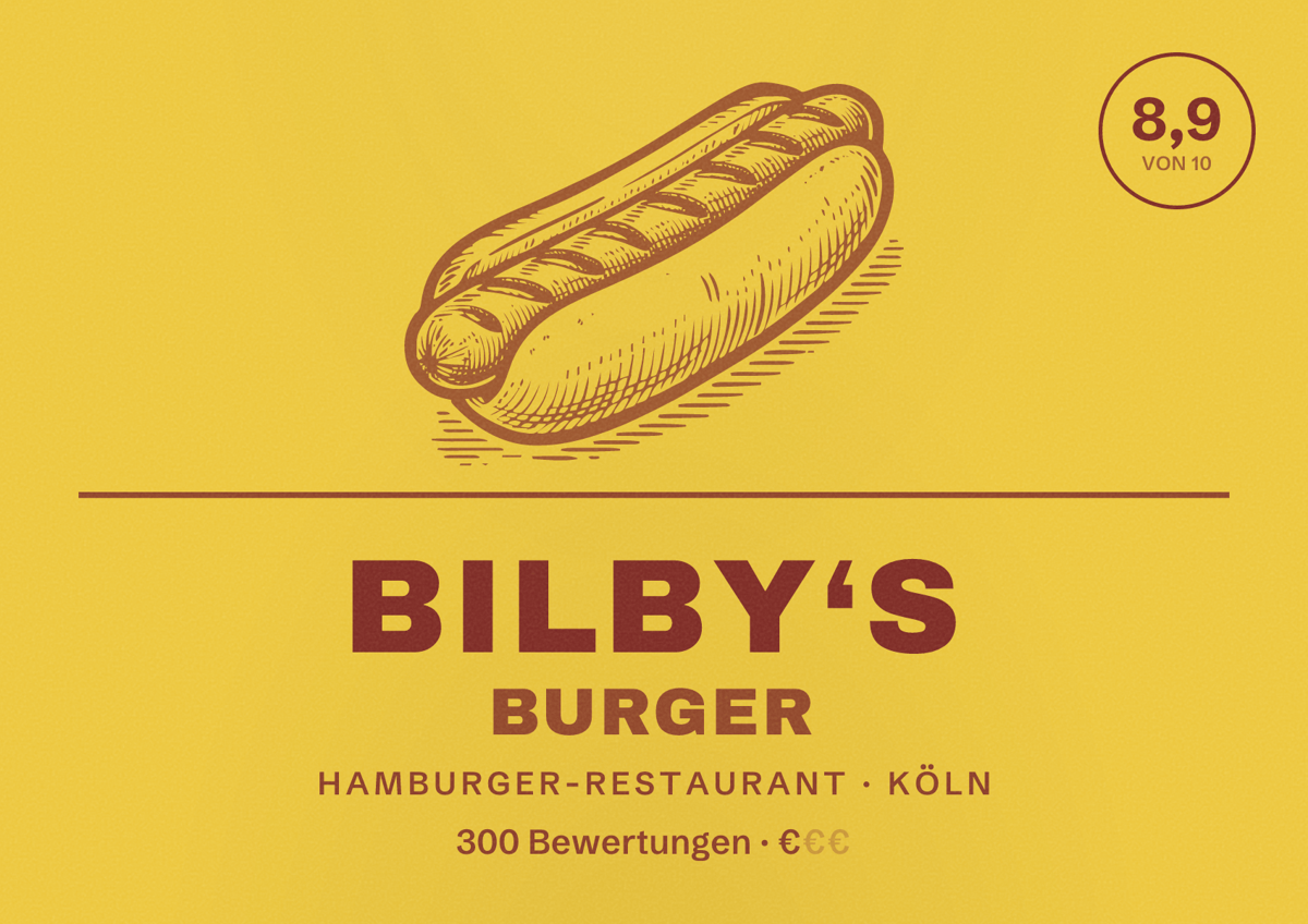 Illustriertes Poster von Bilby‘s Burger, Hamburger-Restaurant in Köln: Bewertung 8,9 von 10 aus 300 Bewertungen, Preisniveau €