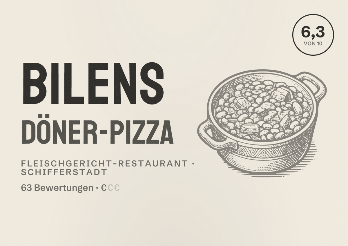 Illustriertes Poster von Bilens Döner-Pizza, Fleischgericht-Restaurant in Schifferstadt: Bewertung 6,3 von 10 aus 63 Bewertungen, Preisniveau €