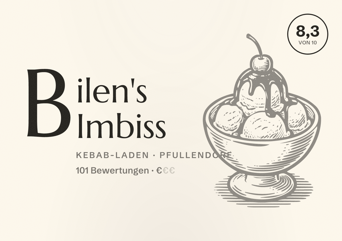 Illustriertes Poster von Bilen's Imbiss, Kebab-Laden in Pfullendorf: Bewertung 8,3 von 10 aus 101 Bewertungen, Preisniveau €