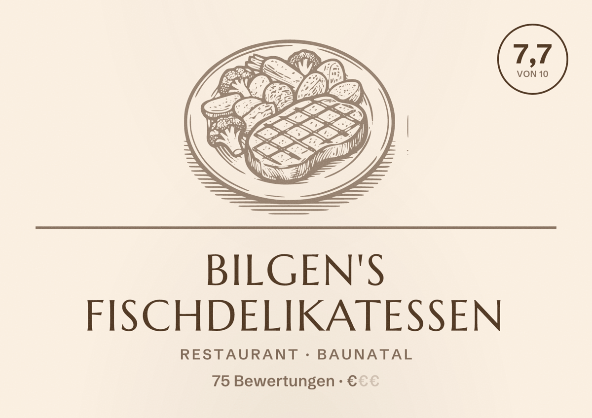 Illustriertes Poster von Bilgen's Fischdelikatessen, Restaurant in Baunatal: Bewertung 7,7 von 10 aus 75 Bewertungen, Preisniveau €