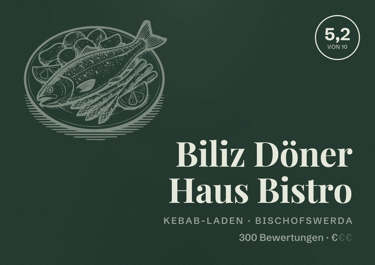 Illustriertes Poster von Biliz Döner Haus Bistro, Kebab-Laden in Bischofswerda: Bewertung 5,2 von 10 aus 300 Bewertungen, Preisniveau €