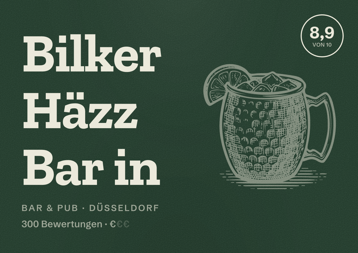Illustriertes Poster von Bilker Häzz Bar in, Bar & Pub in Düsseldorf: Bewertung 8,9 von 10 aus 300 Bewertungen, Preisniveau €
