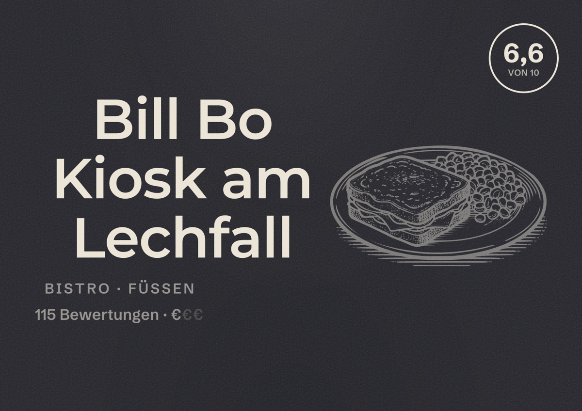 Illustriertes Poster von Bill Bo Kiosk am Lechfall, Bistro in Füssen: Bewertung 6,6 von 10 aus 115 Bewertungen, Preisniveau €