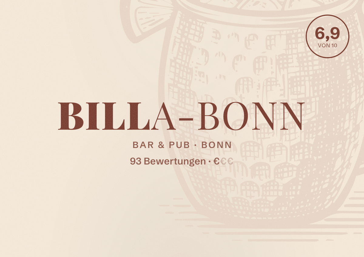 Illustriertes Poster von Billa-Bonn, Bar & Pub in Bonn: Bewertung 6,9 von 10 aus 93 Bewertungen, Preisniveau €