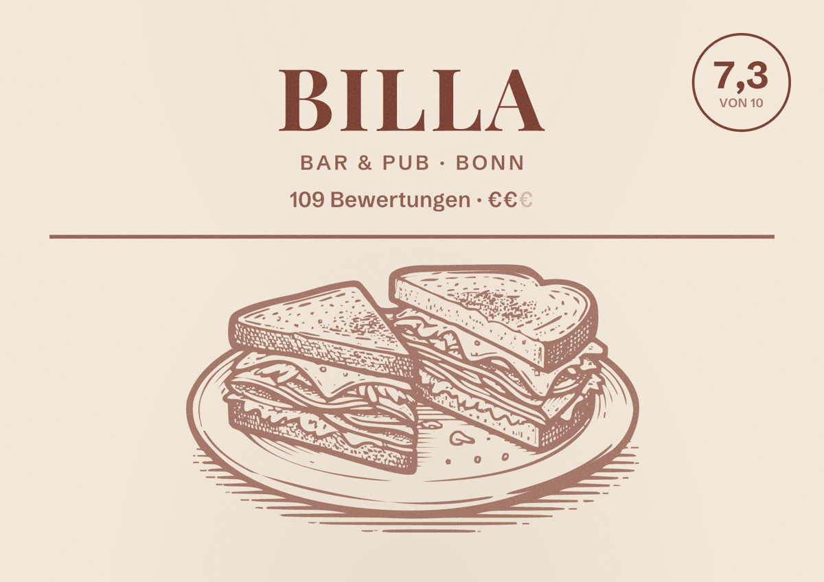 Illustriertes Poster von Billa, Bar & Pub in Bonn: Bewertung 7,3 von 10 aus 109 Bewertungen, Preisniveau €€