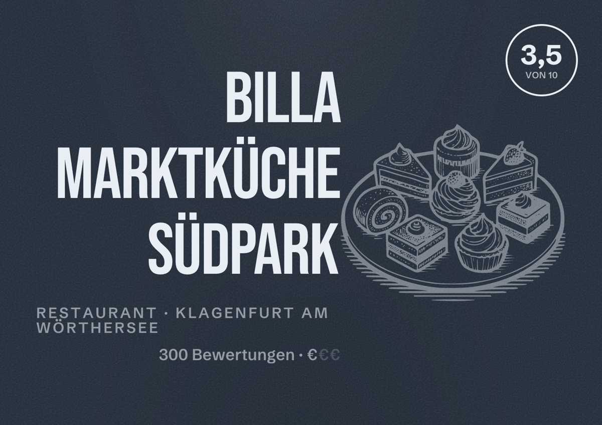 Illustriertes Poster von Billa Marktküche Südpark, Restaurant in Klagenfurt am Wörthersee: Bewertung 3,5 von 10 aus 300 Bewertungen, Preisniveau €