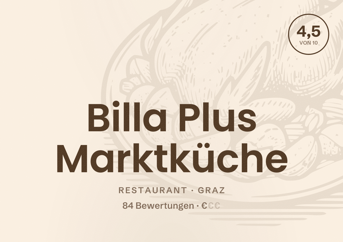 Illustriertes Poster von Billa Plus Marktküche, Restaurant in Graz: Bewertung 4,5 von 10 aus 84 Bewertungen, Preisniveau €