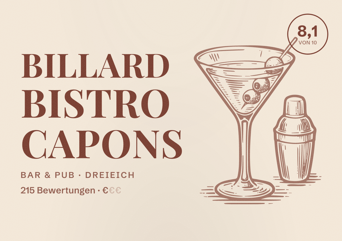 Illustriertes Poster von Billard Bistro Capons, Bar & Pub in Dreieich: Bewertung 8,1 von 10 aus 215 Bewertungen, Preisniveau €